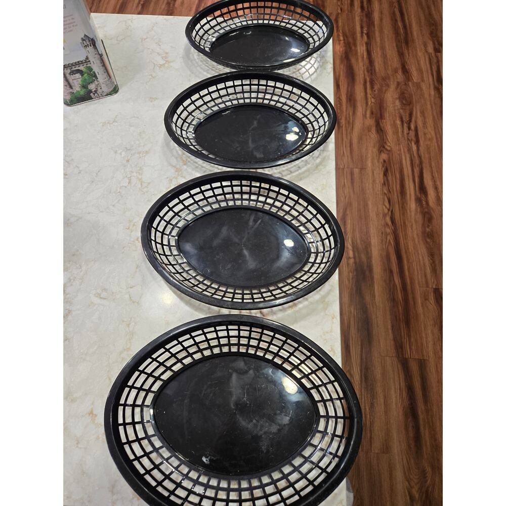 6 Plastic Restaurant Food Serving Baskets Black 11.75" Long x 9" Wide BBQ Picnic